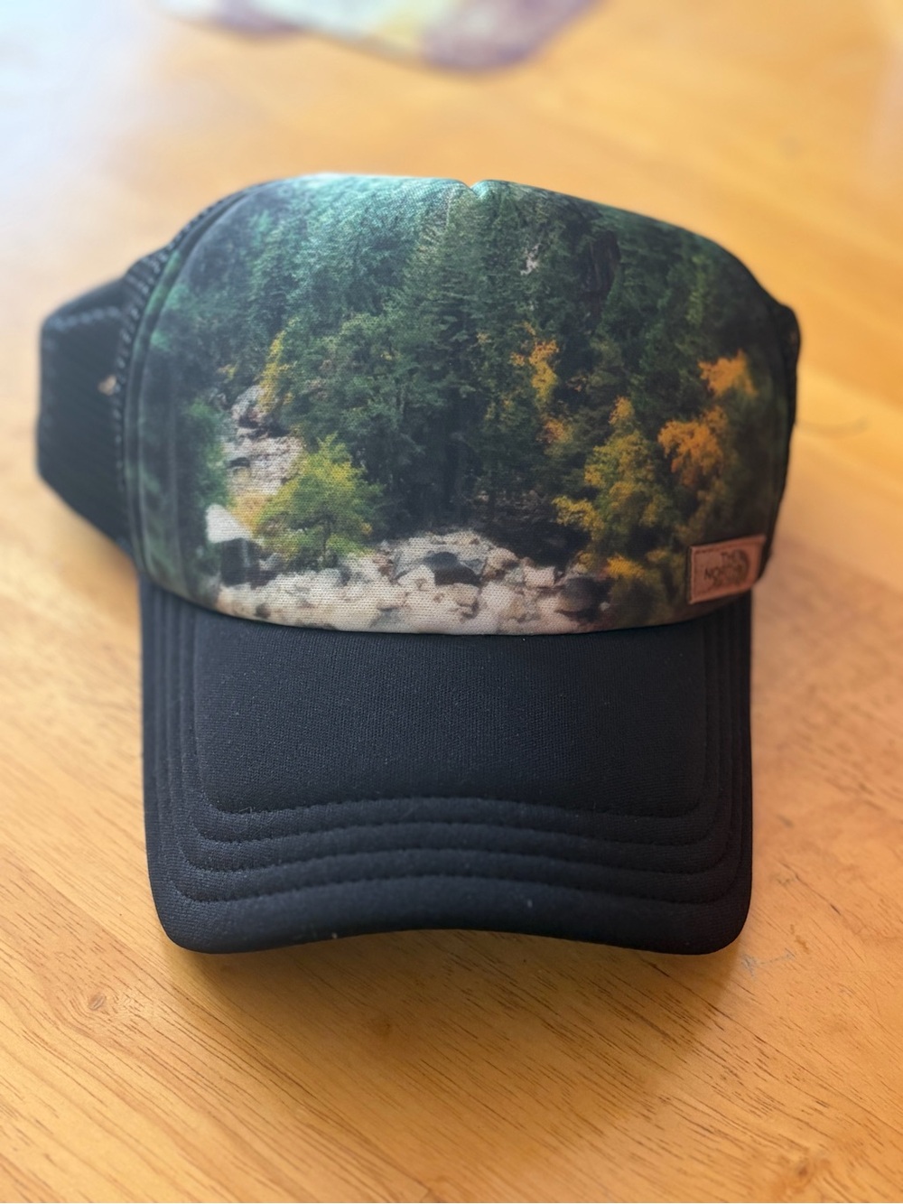 The North Face Kids Black Trucker Hat with Forest Print NWT